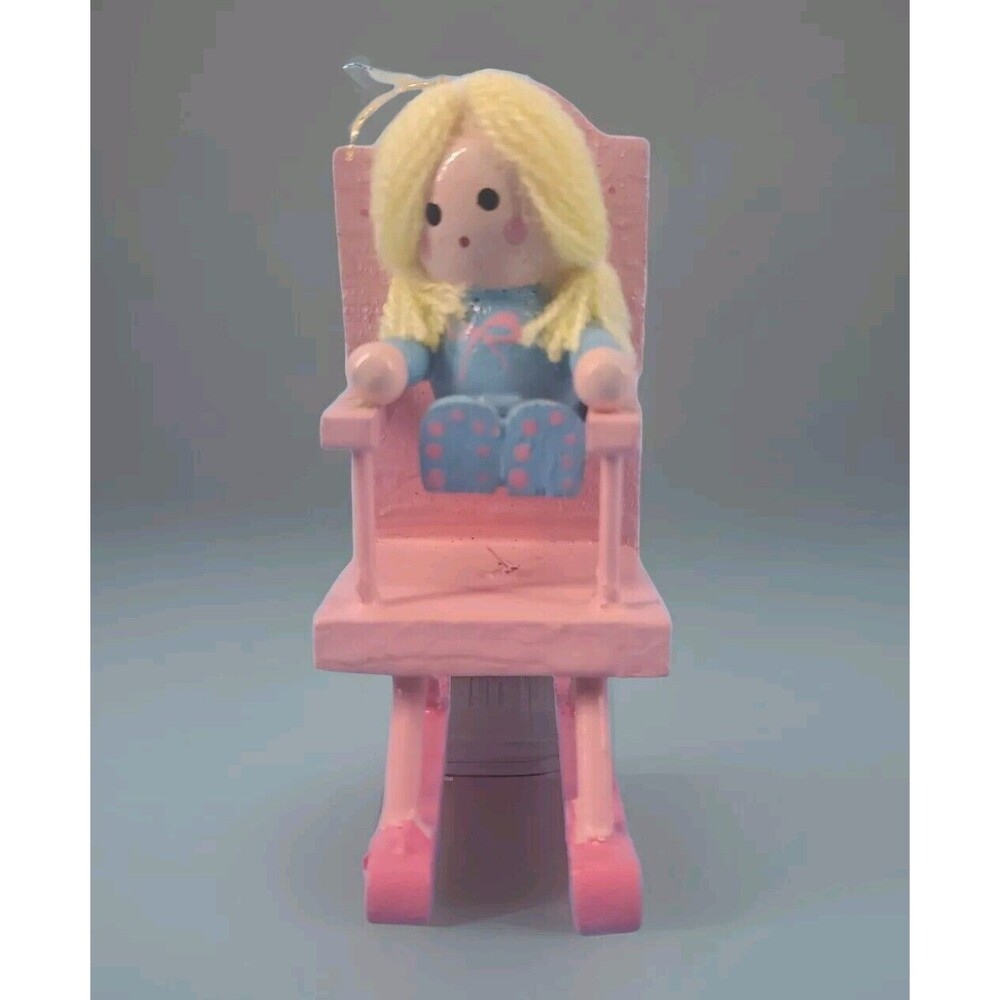 Wooden Girl Hanging Decoration In Pink Rocking Chair  Yarn Hair Appx 3"